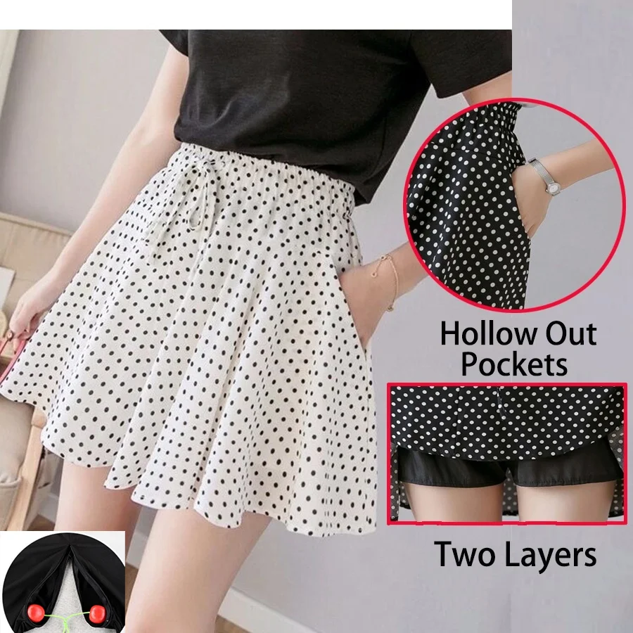 Invisible Zipper Open Crotch Pleated Skorts Summer Spring Outdoor Polka Dot Skirts Plus Size Women's 2 Layers Bottoms