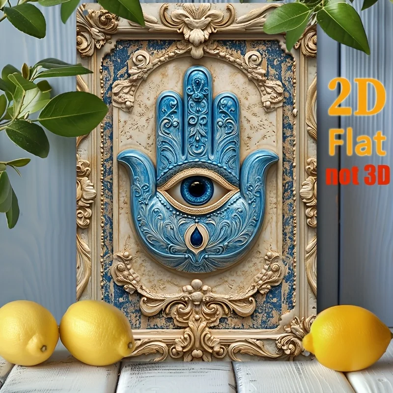 Handcrafted Blue Hamsa & Evil Eye Aluminum Wall Art, Mystical Home Accent, Hamsa Hand Design, Ornate Design, 2D Flat