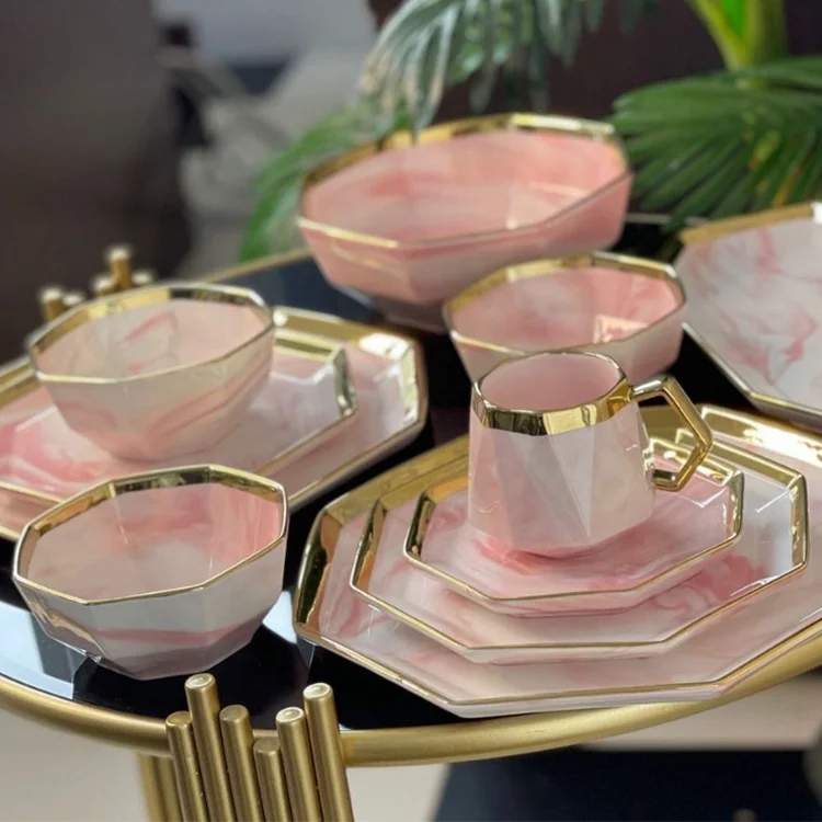 Unique Shape Tableware Marble Gold Rimmed Fine Bone China Nordic Dinnerware Set Custom Made Rustic Ceramic Dinnerware Sets