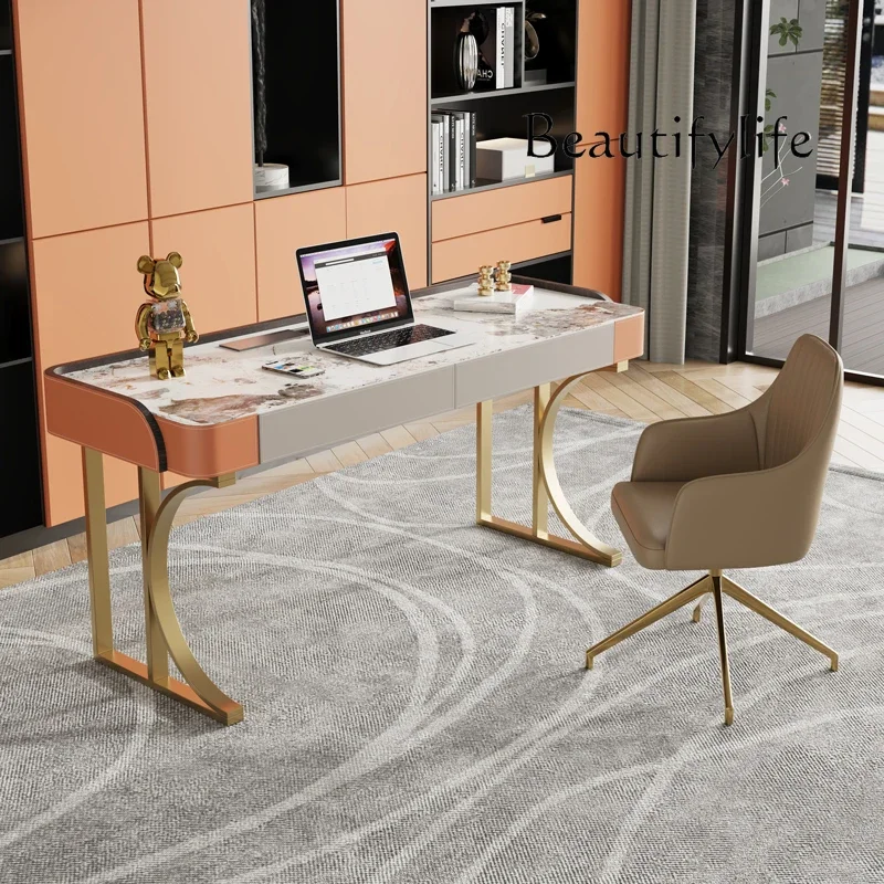 

Study table Designer high-end desk Study room Modern simple book chair Saddle leather desk Solid wood rock slab