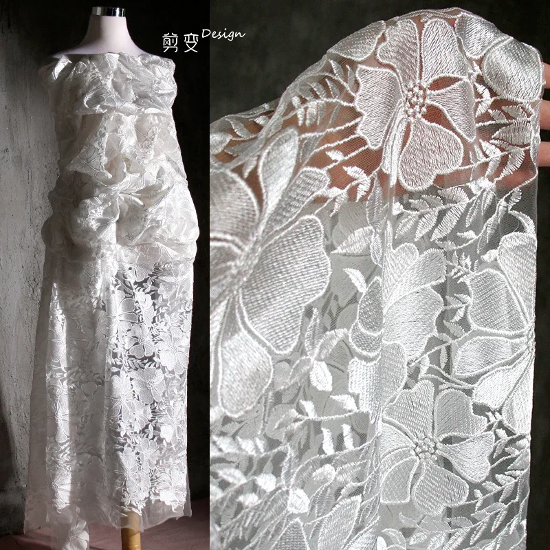 

White flower embroidered flower mesh fabric, creative high-end curtain skirt top DIY clothing designer fabric