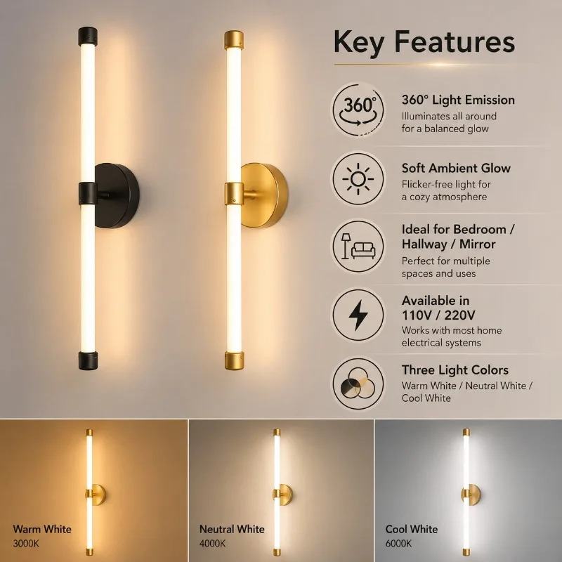 

Modern Minimalist Bedroom Headboard Indoor Wall Lamp Background Wall Long Strip Wall Lamp 360 Degree Luminous Acrylic Lamp