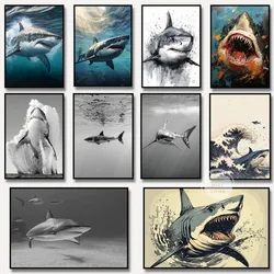 Black White Great White Shark Ocean Giants Poster and Prints Animal Canvas Painting Nature Wall Art Picture Home Decor Mural