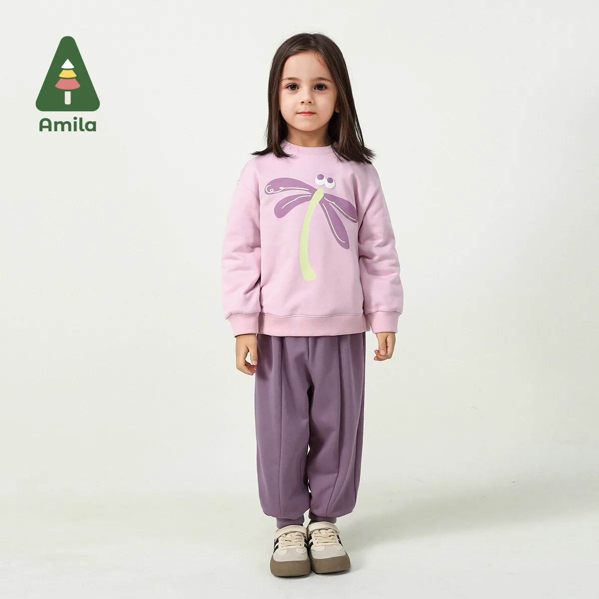 Amila Baby Set 2026 Spring New Solid Color Dragonfly Cartoon Pattern Solid Loose Sweatshirt Leggings Children\'s Two-Piece Set