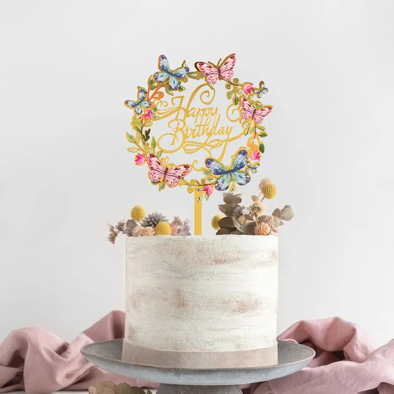 1PC Flower Plant Happy Birthday Cake Topper Gold 3D Acrylic Kids Party Dessert Cake Topper for Baby Shower Cake Gift Decoration