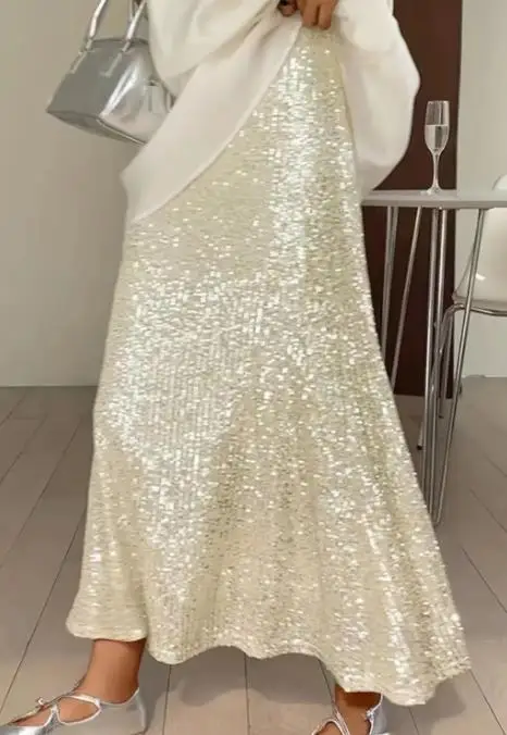 

2025 Новая мода, элегантная, сексуальная, последняя стильная, с блестками, эластичная подкладка с высокой талией, эластичная драпированная полуюбка, длинная юбка для женщин