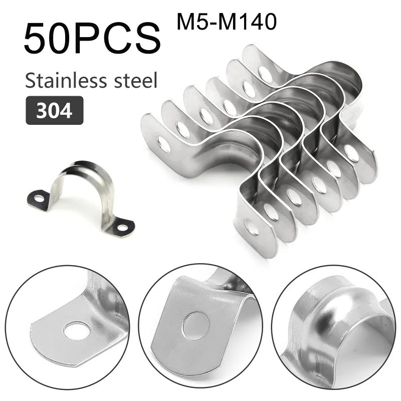 50Pcs Stainless Steel Rigid Pipe Strap M5-M140 2 Holes Cable U Bracket Clamp Hanger Tube Strap Tension Clips for Fixing Pipe