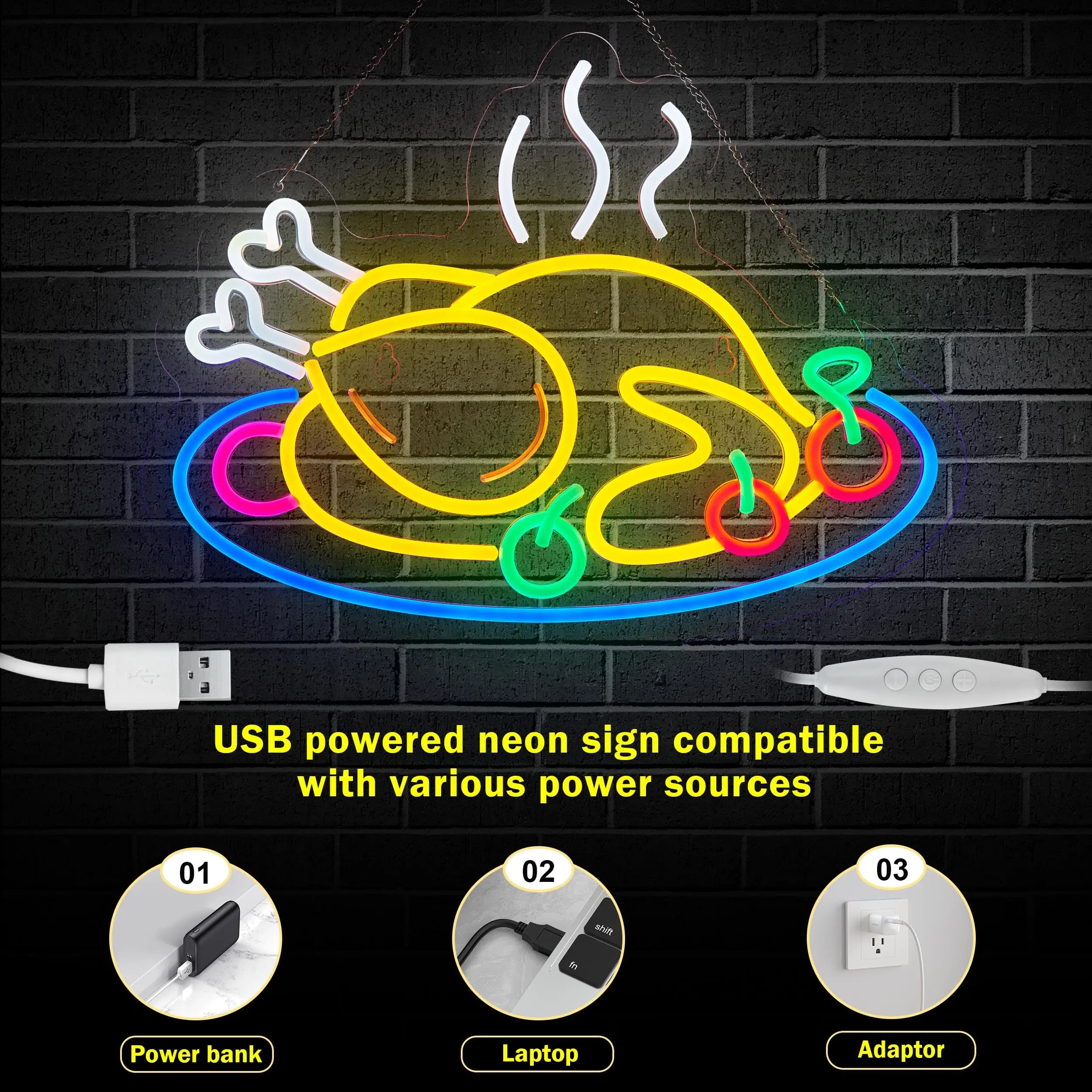 Grilled Chicken LED Neon Sign for Wall Decor Roast Chicken Shop USB Power Dimmable Switch for Thanksgiving Party Flame Art Decor
