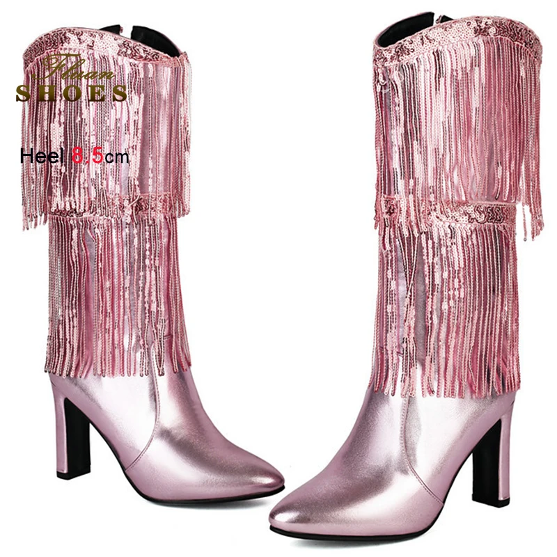 

Pink Women Knight Boots Heels 8.5cm Pointed Knee Length Boots Chunky Heeled Boots Tassels Ladies Shoes Side Zipper Western Boots
