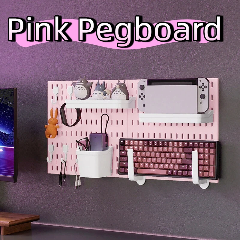 Pink Wall Mount Pegboard Display Organizer Combinable No Drill Board for Gaming Room Headphone Small Gadgets Storage