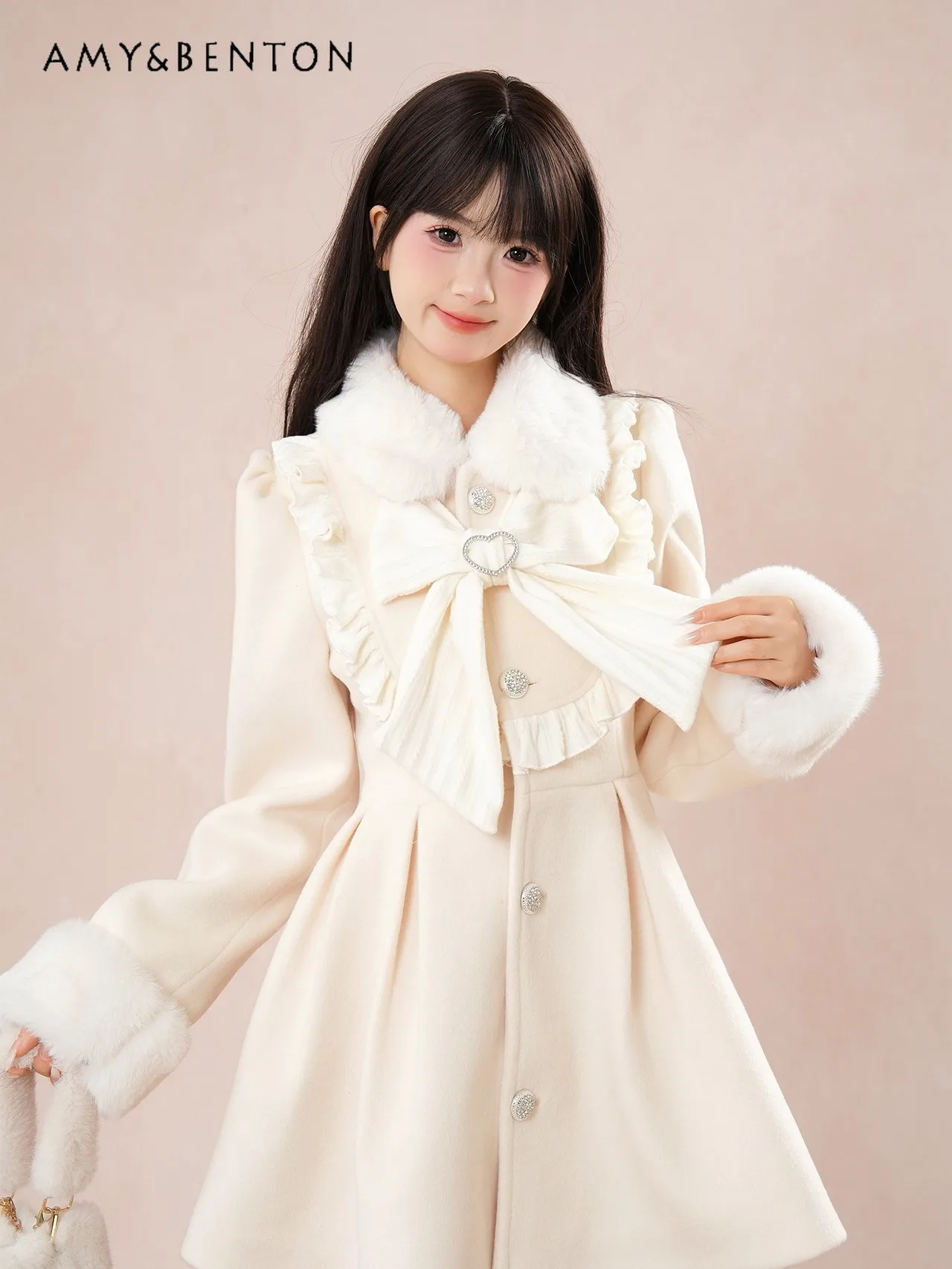 

2025 Autumn Winter New Hot Sale French Style Women's Apricot Bow Collar Slim Tighten The Waist Mid-Length Wool Coat