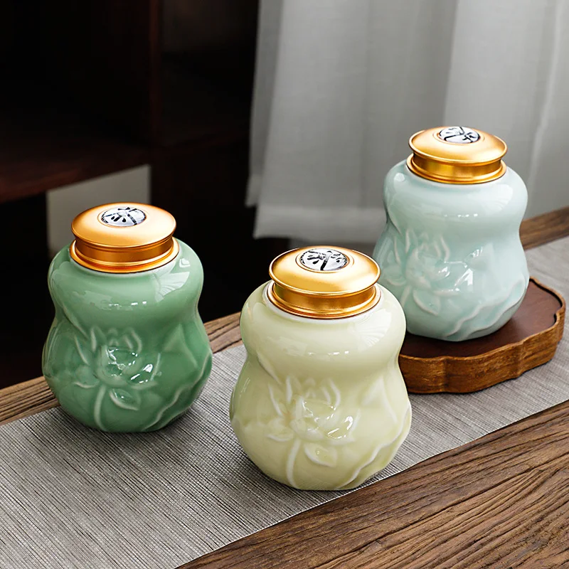 Ceramic Tea Pot Celadon Sealed Beans Medicinal Storage Kitchen Food Container