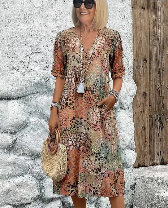 Vintage midi vestidos para mulher 2025 estilo boho floral impressão solta vestido longo casual manga curta com decote em v vestido robe femme