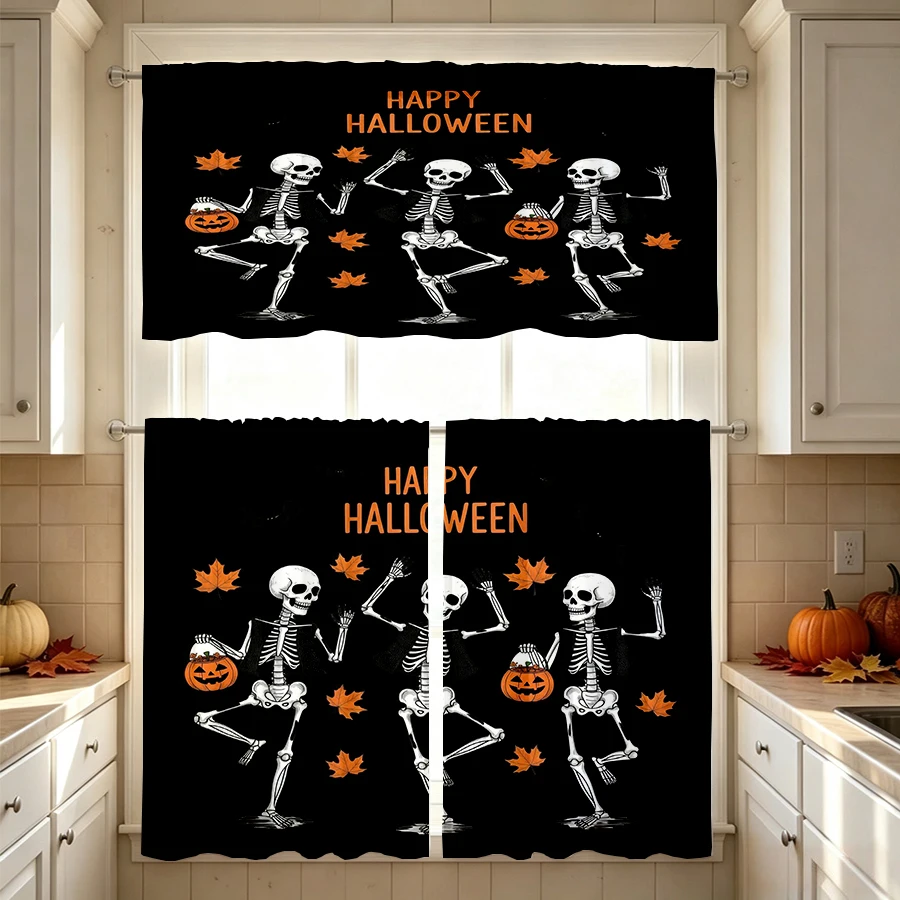 Halloween Fall Kitchen Curtains, Happy Dancing Skull, Digital Print, Kitchen Dining Room, Rod Pocket Polyester, Home Decor