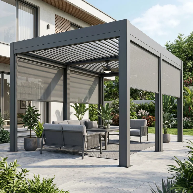 Heavy-Duty Aluminum Pergola Motorized Louvered Roof Detachable Windproof Curtain Accessory Balcony Use
