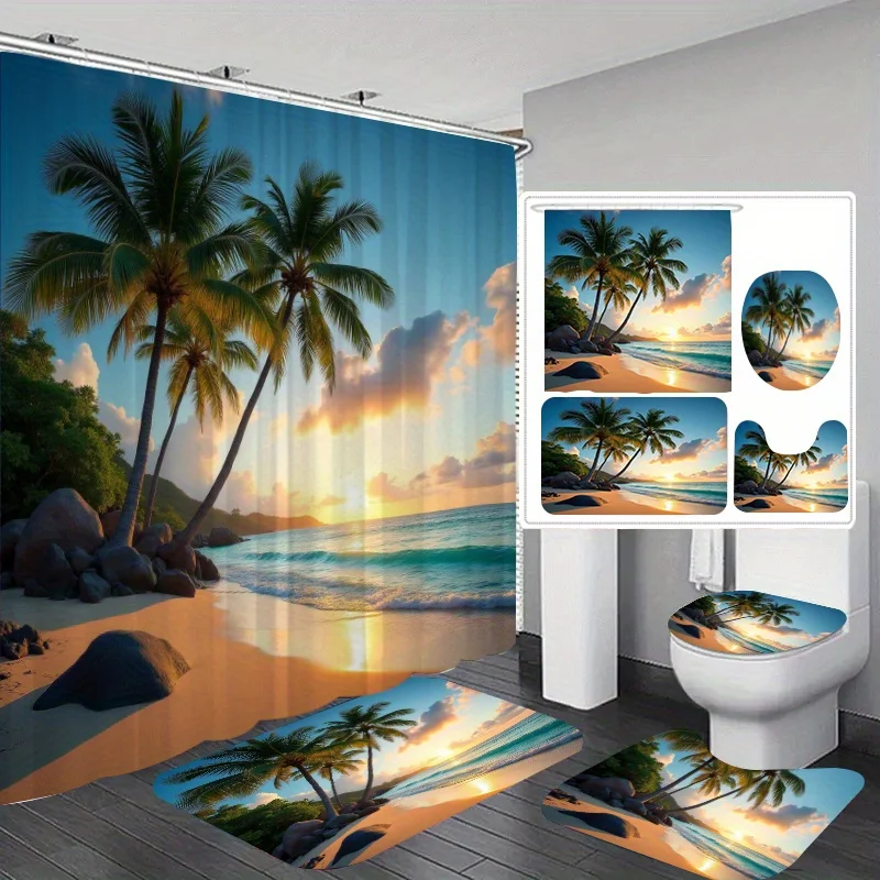 

Комплект из 4 предметов для ванной комнаты с принтом Summer Night Coconut Grove Sea View, занавеска для душа, нескользящий напольный коврик, чехол на сиденье для унитаза, коврик для ванной