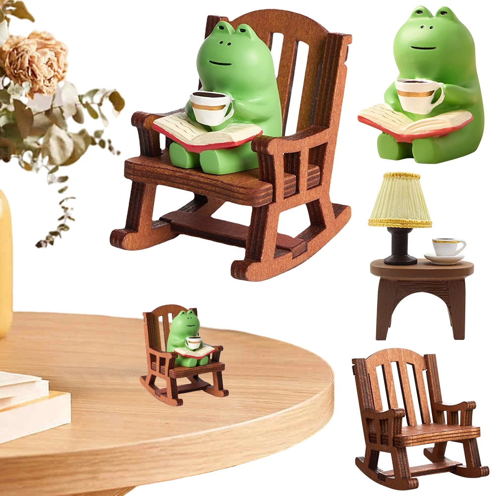 Cute Mini Frog Resin Figurine Cute Healing Small Decoration Rocking Chair Design with Book Coffee Home Office Decor Car Ornament