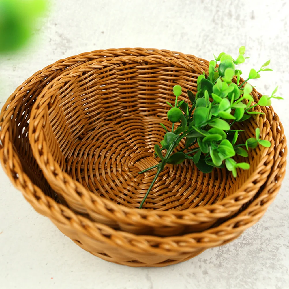 

Round Fruit Vegetables Basket Large Imitation Rattan Plastic Storage Baskets Kitchen Snack Organizer Woven Cord