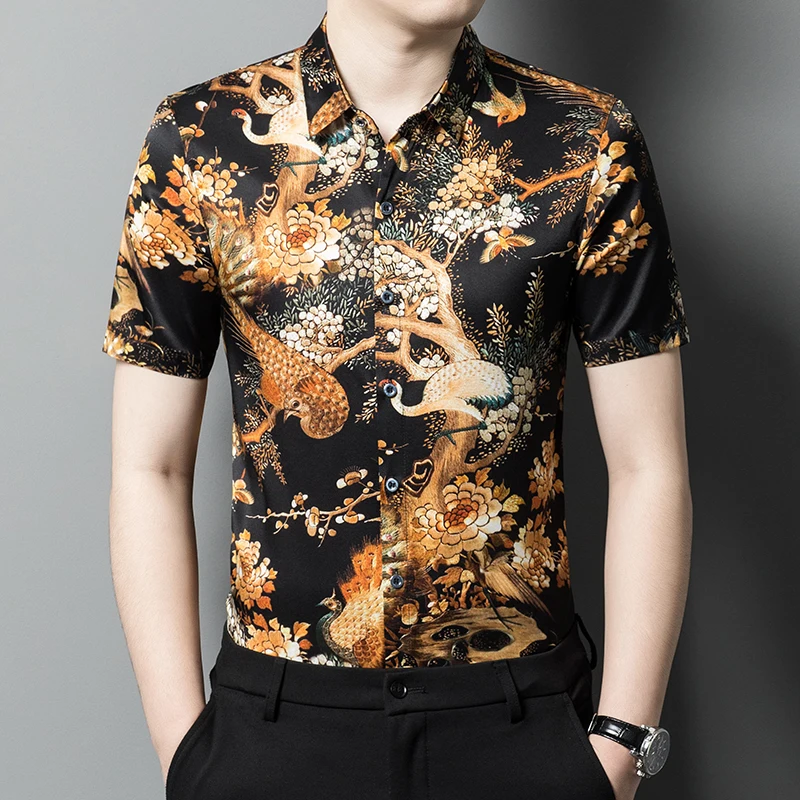 

Silk Smooth Skin-Friendly Men Shirt High-End Short Sleeve Print Summer New Quality Soft Comfortable Fashion Casual Chemise Homme