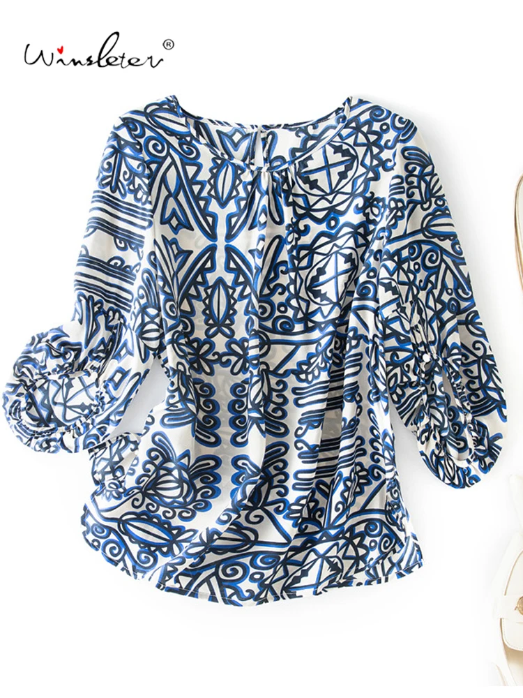 

Winsleter-100% Silk Elegant T-shirt, Woman 3/4 Sleeve O Neck Print, Temperament Commute Loose Sunshade Top, 2025 Summer T58102CC