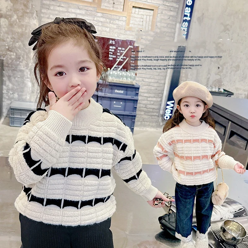 

Girls Sweater Wool Coat Kids Tops Knitting 2024 Scoop Thicken Warm Winter Autumn Pullover Christmas Gift Sport Children's Clothi