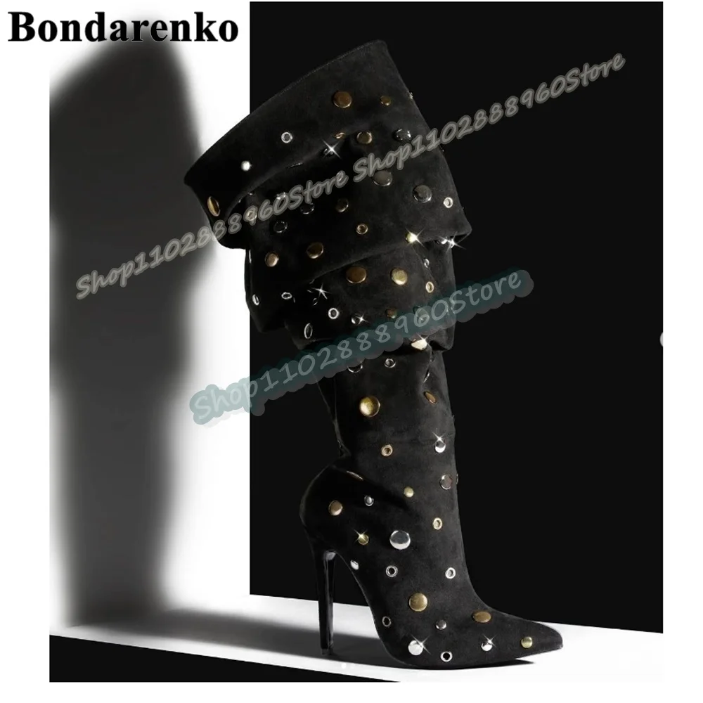 

Knee High Black Suede Metal Sheets Boots Stilettos High Heel Women Shoes Side Zipper Pointed Toe Fashionable Zapatos Para Mujer