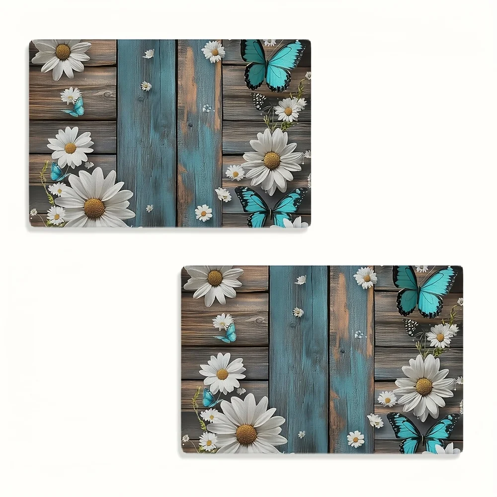 Floral Butterfly Placemats - Featuring a Rustic Wood Grain Design Adorned with Daisies And Butterfly Patterns