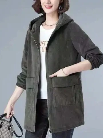 

Loose Fit Corduroy Jaet for Women with Hood Mid-Length Spring Autumn Large Size Versatile Mommy Sle Korean Version Straig...