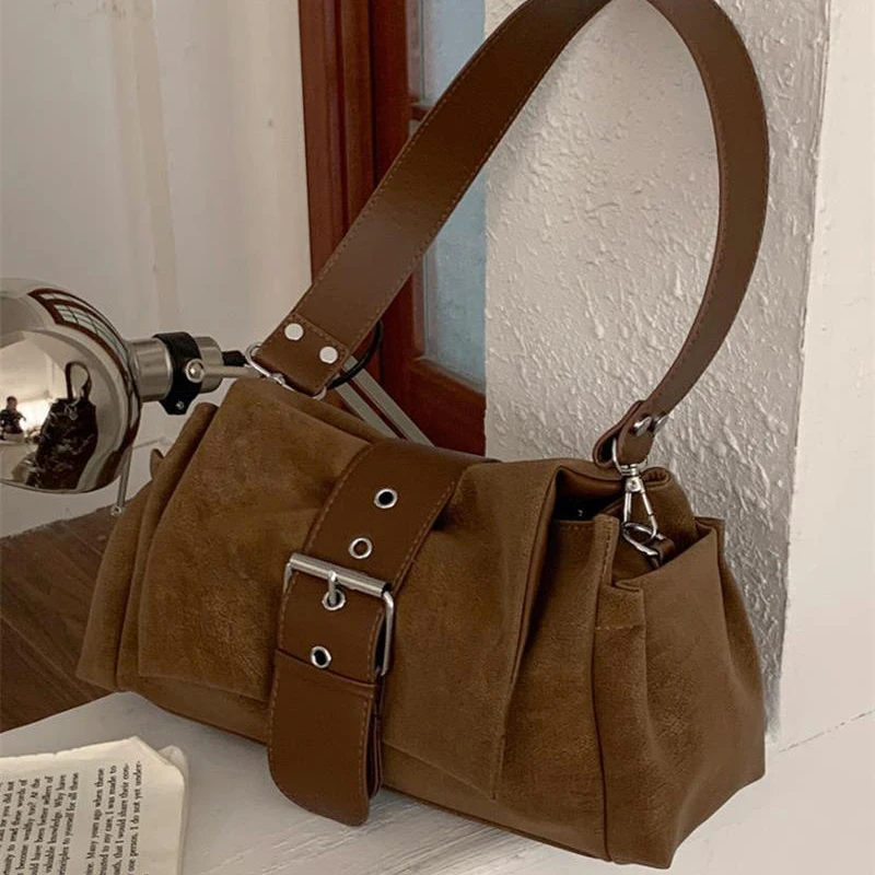 

Retro Frosted Hobo Bag Y2k Pleated Underarm Shoulder Bag Belt Design Quality Leather Shoulder Bag Women's Maillard Style Clutch