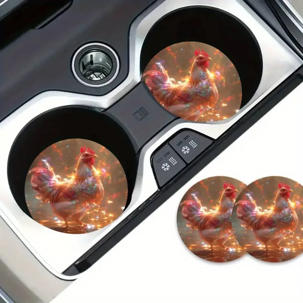 Vibrant Rooster EVA Car Coasters 2pcs 2.75＂ Round Durable Car & Home Decor Great Gift Idea