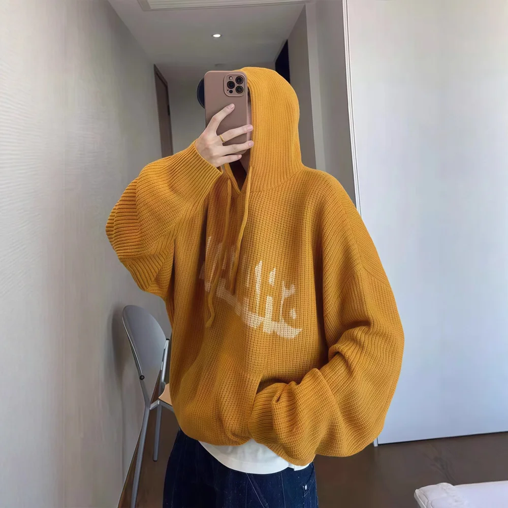 Unisex Knitting Hoodies 2025 Autumn Winter New Retro Lazy Sweater Hooded Heavyweight Soft Cozy Loose Drapey Men's Knit Outerwear