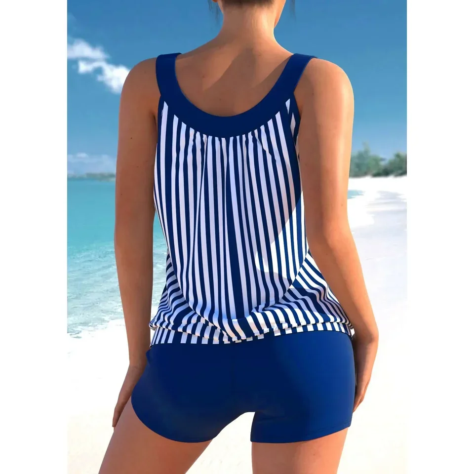 Hochwertiger Sommerurlaubs-Badeanzug für Damen mit vertikal gestreiftem bedrucktem Oberteil und trägerlosem Strand-Badeanzug S-6XL