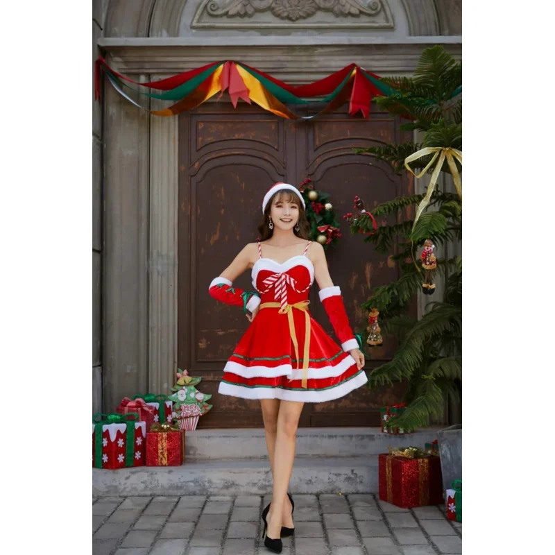 Christmas Costumes Cute Girls Sexy Wrap Halter Cake Dress Short Skirt Cosplay Santa Claus Dresses with Hat Party Performance