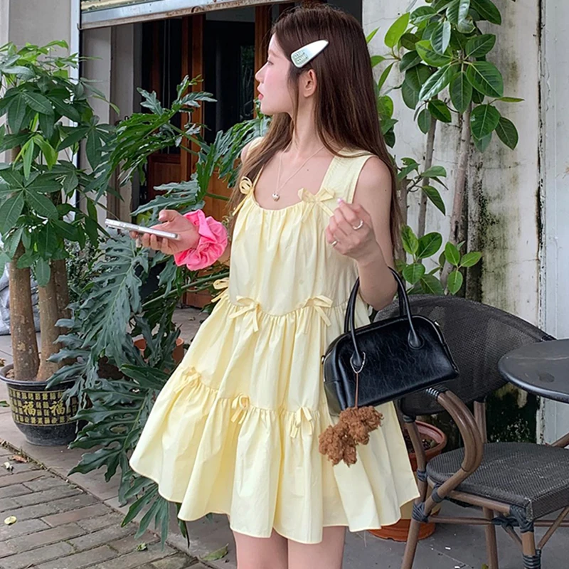 Doce bowknot colete suspender vestido feminino verão férias solto vestidos inchados