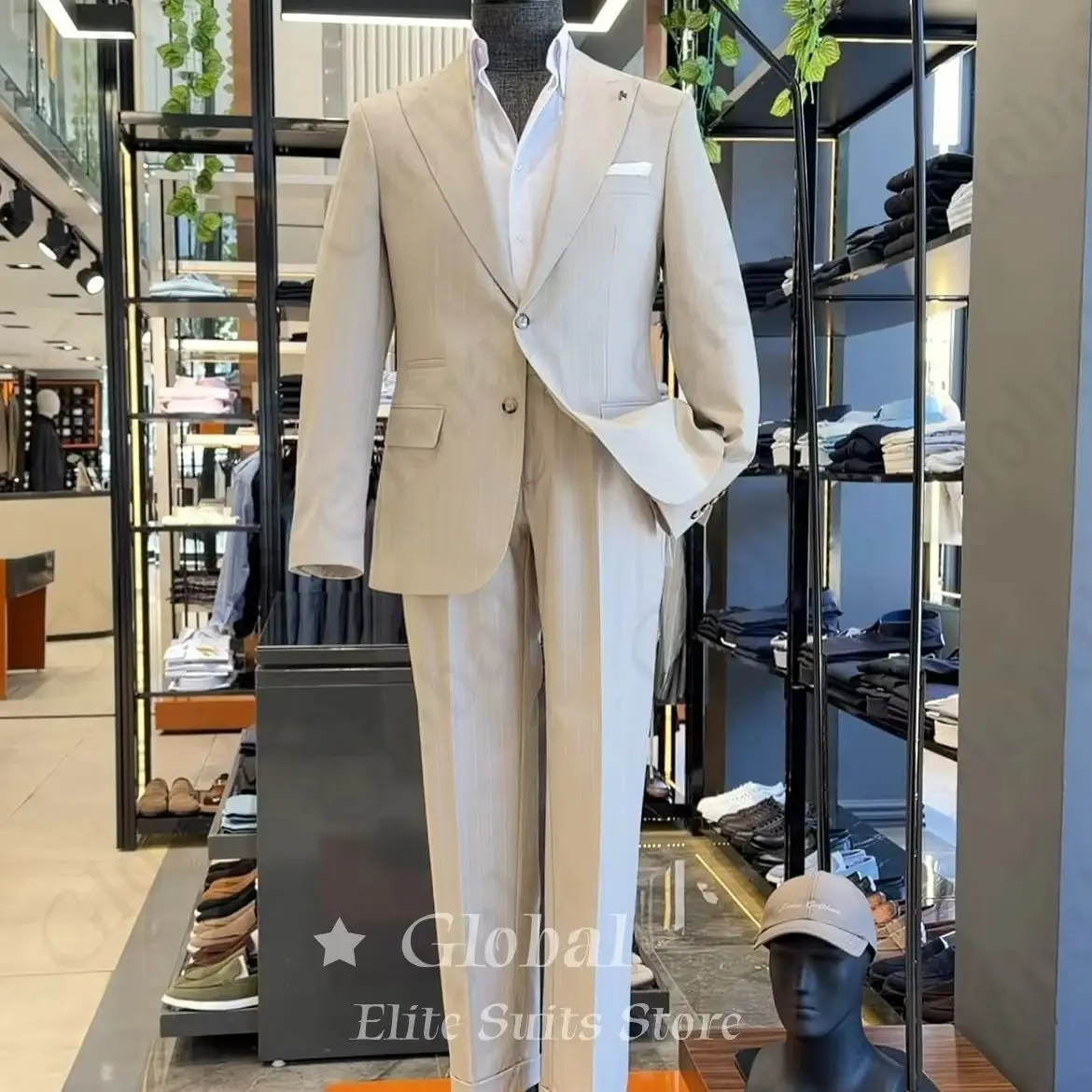 Vintage Light Beige Pinstripe Men 2 Piece Wide Peak Lapel Single Breasted Jacket Straight Leg Trousers Wedding Formal Customized