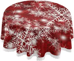 Christmas Tablecloth Round Christmas Background with Snowflakes Red Decorative Table Cloth for Circular Table Cover Dinner Party