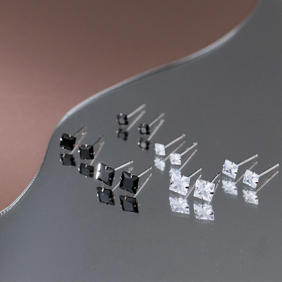 Modian Square CZ Stud Earrings 925 Sterling Silver Platinum Plated Black Cubic Zirconia Hypoallergenic Party Jewelry 3MM 4mm 5mm