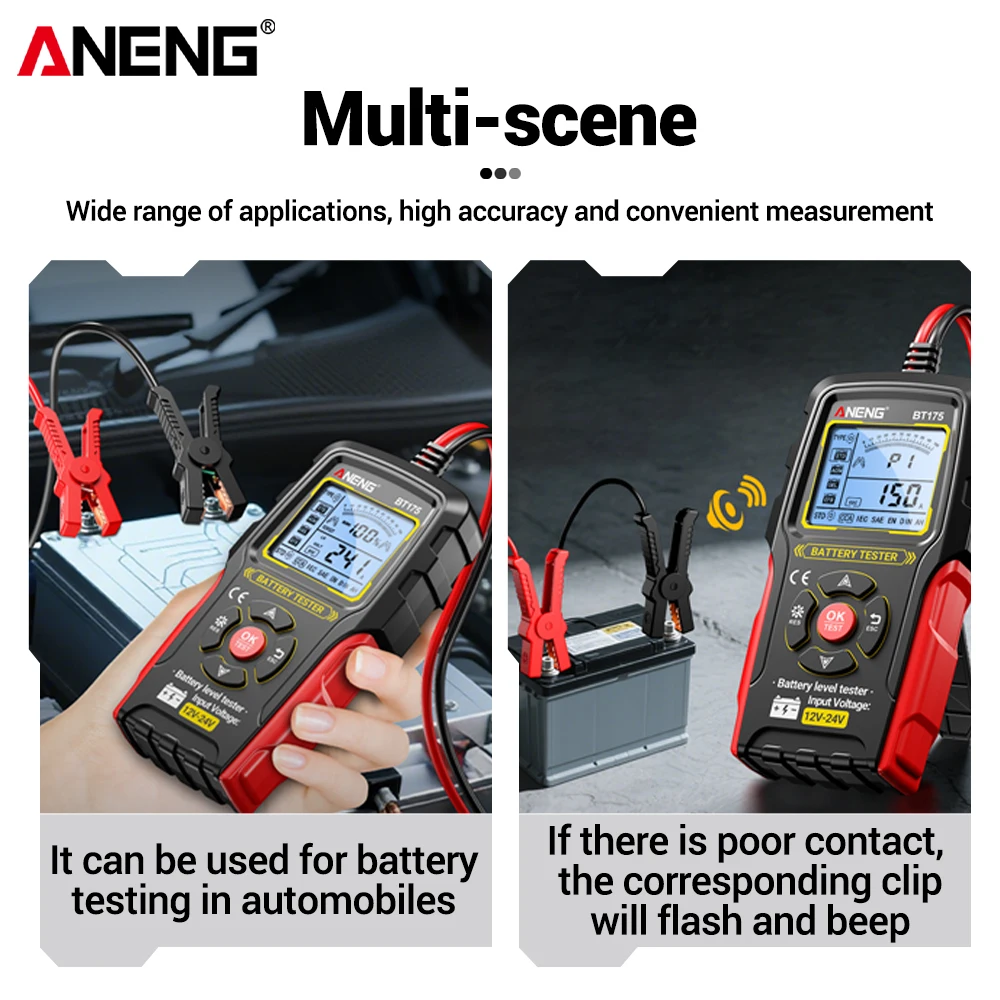 جهاز اختبار بطارية السيارة الرقمية BT175 جهاز اختبار المولد للسيارات مع مشبك التمساح المعزول مدقق البطارية أدوات المهنية