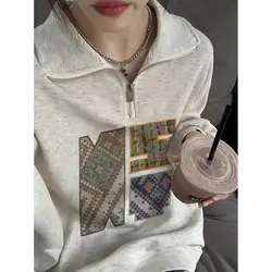 Sudadera con cuello de polo retro americano para mujer, chaqueta holgada de invierno, ropa de mujer, tops y2k emo coreano