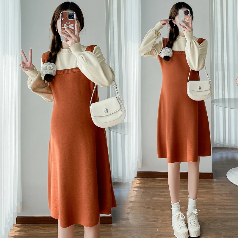 

Autumn Winter Fashion Plus Size Pegnant Women's Dress Block Color Patchwork Long Lantern Sleeve Maternity Knitted Dress Sweater