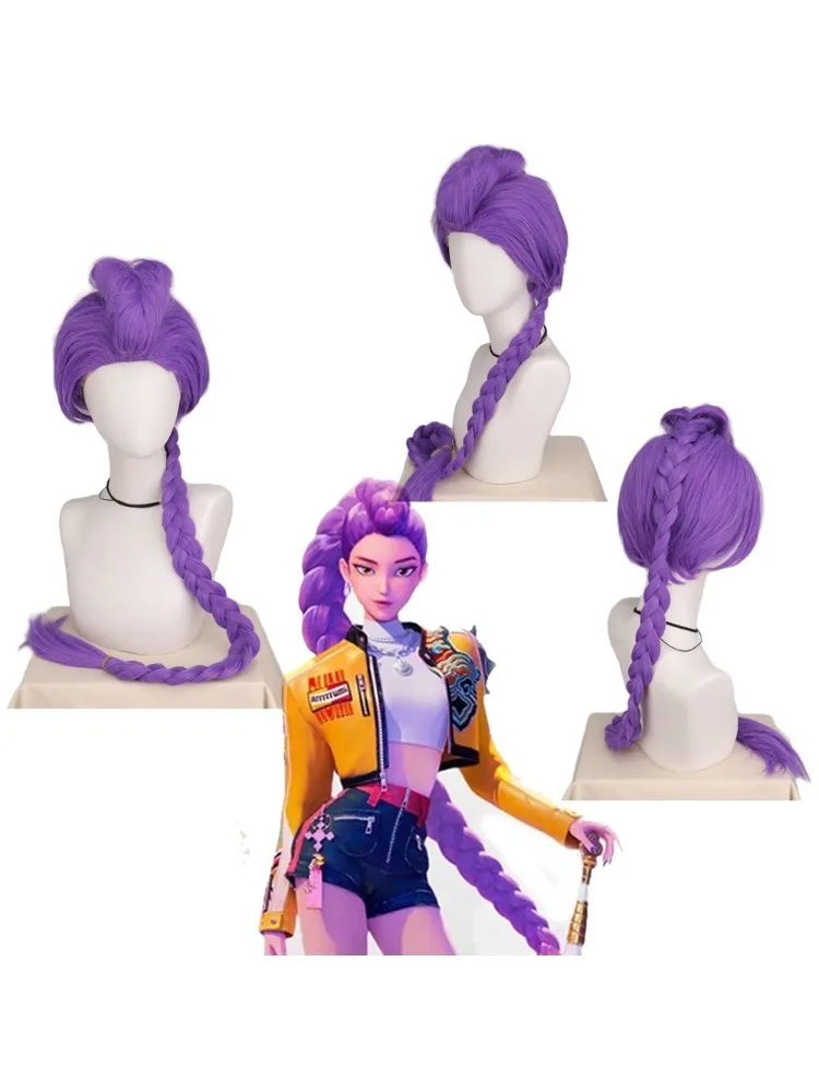 Rumi Cosplay perruque synthétique pré tressé violet femme cheveux 105 cm moelleux Yaki queue de cheval Anime résistant à la chaleur perruques