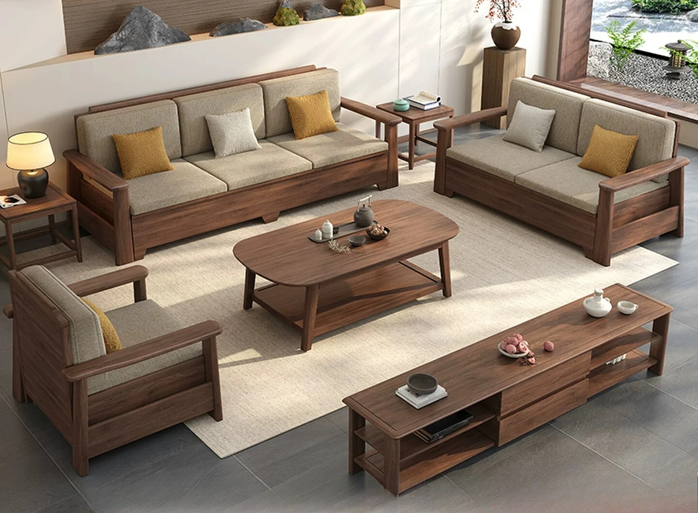 

PYJ black walnut living room solid wood new Chinese dual-purpose straight row princess sofa combination