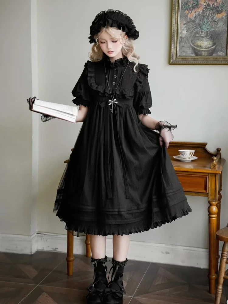 Classical Gothic Lolita Dress Black Loose Puff Sleeve Dresses Women Summer  Darkly Retro Sweet Clothing Fashion New Elegant Dress