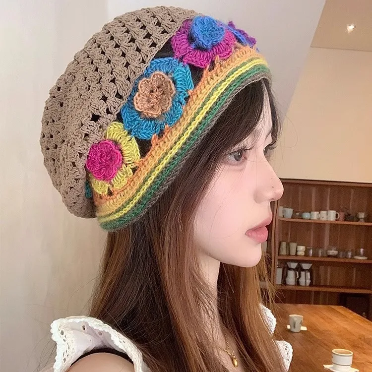 

Women's Holiday Colourful Flowers Stacked Cap Spring and Summer Literature Hundred with Wool Hat Hollow Knitted Pullover Hat