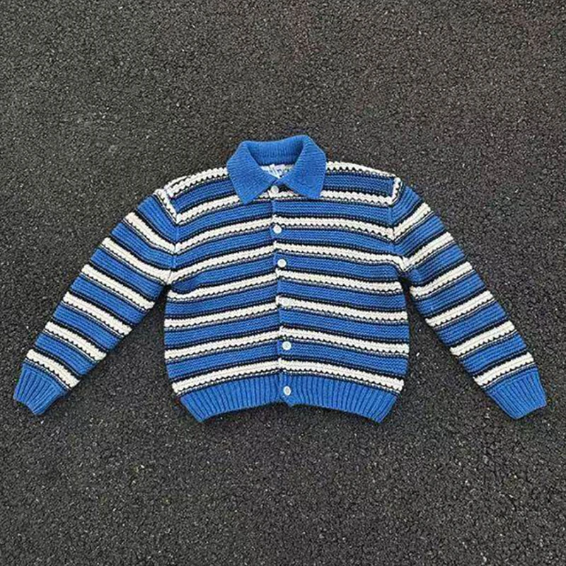Vintage Striped Crochet Mens Sweater Jackets Casual Button-up Turn-down Collar Knit Cardigans Men Spring Autumn Fashion Sweaters