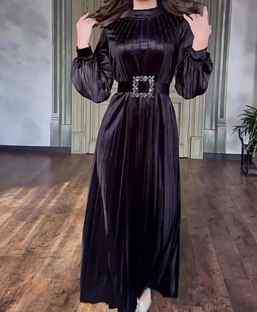 

Eid Muslim Pleated Dress for Women Abaya Morocco Party Dresses Ramadan Belted Abayas Kaftan Islam Dubai Arab Long Robe Prom