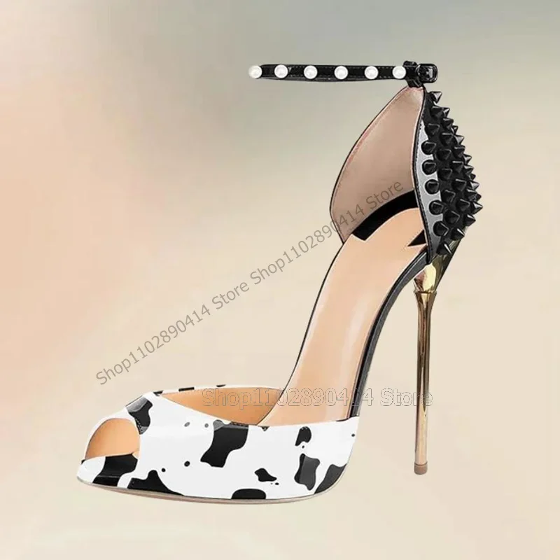 

Dairy Cow Print Rivets Decor Metal Heel Pumps Ankle Buckle Strap Women Shoes Thin High Heels Peep Toe 2025 Zapatos Para Mujere