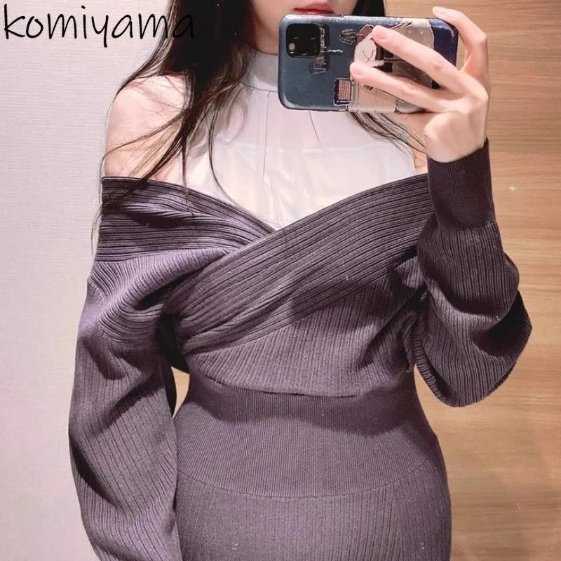 Feminino Voile Spliced Ropa Off Shoulder Vestidos Mujer High Waist Bodycon Vestido Japan Knit Dress Spring Dresses Women