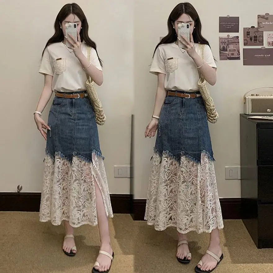 

Женский летний наряд больших размеров, уникальная красивая кружевная джинсовая юбка, комплект ort Sve, футболка f-длины, модная Ense...