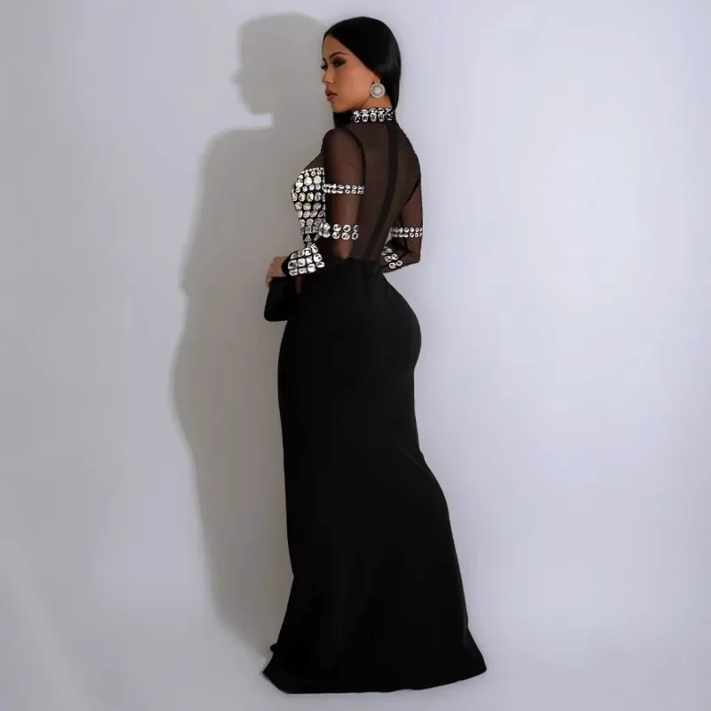 KEXU-Robe Sirène Fendue sur le Côté pour Femme, Manches sulf, Maille Strass, Maxi, Diamants, Robes de Soirée Sexy, Robe Éducative